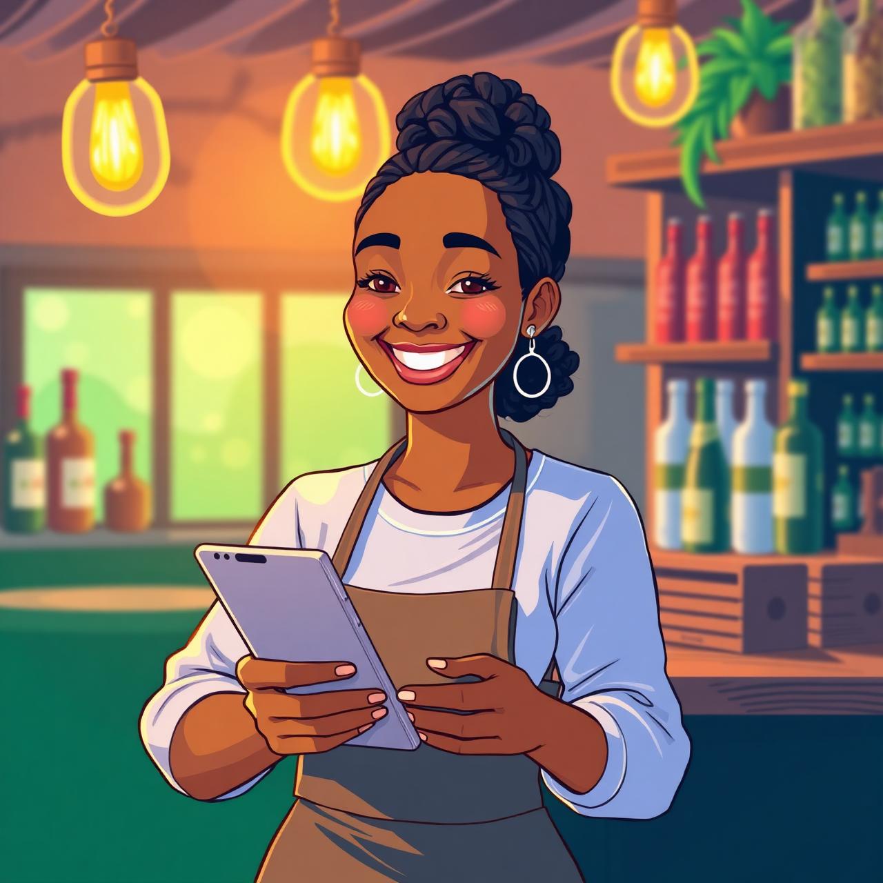 Commerçante africaine utilisant KOBINA-PRO sur son téléphone dans son maquis